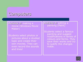 Computers   Activity 3:  making a movie (Windows Movie Maker) Students select photos or pictures about a studied topic and create their own movies. They can even record the sounds and lines! Activity 4:  editing a painting (Paint) Students select a famous painting and suggest modifications in terms of colours and forms. They save their works and try to justify the changes made.  