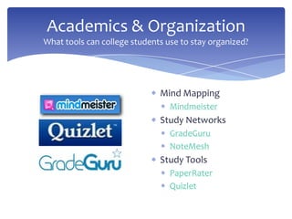 Academics & Organization
What tools can college students use to stay organized?




                              Mind Map...