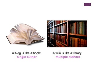 A blog is like a book:  single author A wiki is like a library:  multiple authors 