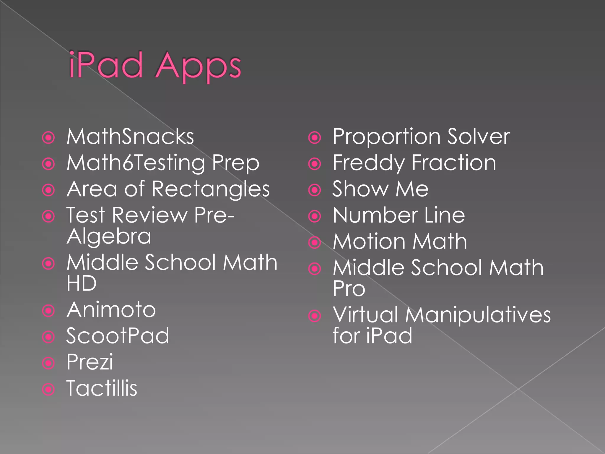  MathSnacks
 Math6Testing Prep
 Area of Rectangles
 Test Review Pre-
Algebra
 Middle School Math
HD
 Animoto
 ScootPad
 Prezi
 Tactillis
 Proportion Solver
 Freddy Fraction
 Show Me
 Number Line
 Motion Math
 Middle School Math
Pro
 Virtual Manipulatives
for iPad
 