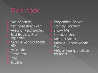  MathSnacks
 Math6Testing Prep
 Area of Rectangles
 Test Review Pre-
Algebra
 Middle School Math
HD
 Animoto
 ScootPad
 Prezi
 Tactillis
 Proportion Solver
 Freddy Fraction
 Show Me
 Number Line
 Motion Math
 Middle School Math
Pro
 Virtual Manipulatives
for iPad
 