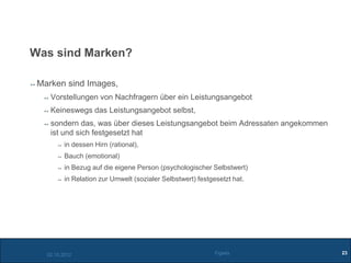 Was sind Marken?

 Marken sind Images,
    Vorstellungen von Nachfragern über ein Leistungsangebot
    Keineswegs das Leistungsangebot selbst,
    sondern das, was über dieses Leistungsangebot beim Adressaten angekommen
    ist und sich festgesetzt hat
          in dessen Hirn (rational),
          Bauch (emotional)
          in Bezug auf die eigene Person (psychologischer Selbstwert)
          in Relation zur Umwelt (sozialer Selbstwert) festgesetzt hat.




   02.10.2012                                                Figiefa           23
 