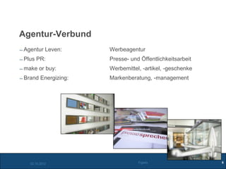Agentur-Verbund
Agentur Leven:      Werbeagentur
Plus PR:            Presse- und Öffentlichkeitsarbeit
make or buy:        Werbemittel, -artikel, -geschenke
Brand Energizing:   Markenberatung, -management




  02.10.2012                   Figiefa                  6
 