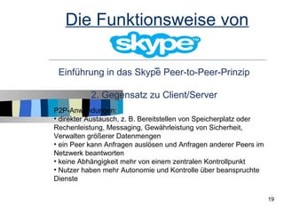 Die Funktionsweise von

 Einführung in das Skype Peer-to-Peer-Prinzip

           2. Gegensatz zu Client/Server
P2P-Anwendungen:
• direkter Austausch, z. B. Bereitstellen von Speicherplatz oder
Rechenleistung, Messaging, Gewährleistung von Sicherheit,
Verwalten größerer Datenmengen
• ein Peer kann Anfragen auslösen und Anfragen anderer Peers im
Netzwerk beantworten
• keine Abhängigkeit mehr von einem zentralen Kontrollpunkt
• Nutzer haben mehr Autonomie und Kontrolle über beanspruchte
Dienste

                                                                   19
 