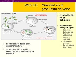 Web 2.0:  Viralidad en la  propuesta de valor La viralidad por diseño es un componente clave Si la motivación no es alta, la respuesta a la invitación no se concreta Una invitación no es suficiente Motivaciones para participar: Económicas Cultivo del ego Necesidad de comunicación Sentido de realización Conciencia y urgencia Servicio práctico Deseo lúdico 