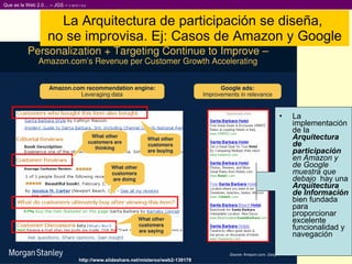 La implementación de la  Arquitectura de participación  en Amazon y de Google muestra que debajo  hay una  Arquitectura de Información  bien fundada para proporcionar excelente funcionalidad y navegación La Arquitectura de participación se diseña,  no se improvisa. Ej: Casos de Amazon y Google http://www.slideshare.net/misteroo/web2-139178   