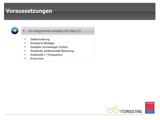 Voraussetzungen Zielformulierung Konzept & Strategie Qualitativ hochwertiger Content Konstante, professionelle Betreuung Authenzität / Transparenz Know-How für erfolgreiches Arbeiten mit Web 2.0 