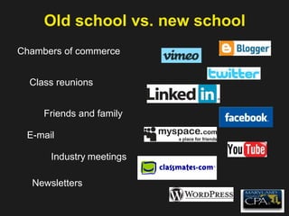 Old school vs. new school Chambers of commerce Friends and family E-mail Class reunions Industry   meetings Newsletters 