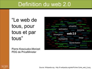 Definition du web 2.0

“Le web de
tous, pour
tous et par
tous”
Pierre Kosciusko-Morizet
PDG de PriceMinister




                Source d’image: Wikipedia.org - http://fr.wikipedia.org/wiki/Fichier:Carte_web_2.png
                Citation: Web 2.0 et au-delà: Nouveaux internautes de surfer à l’acteur - David Fayon
 