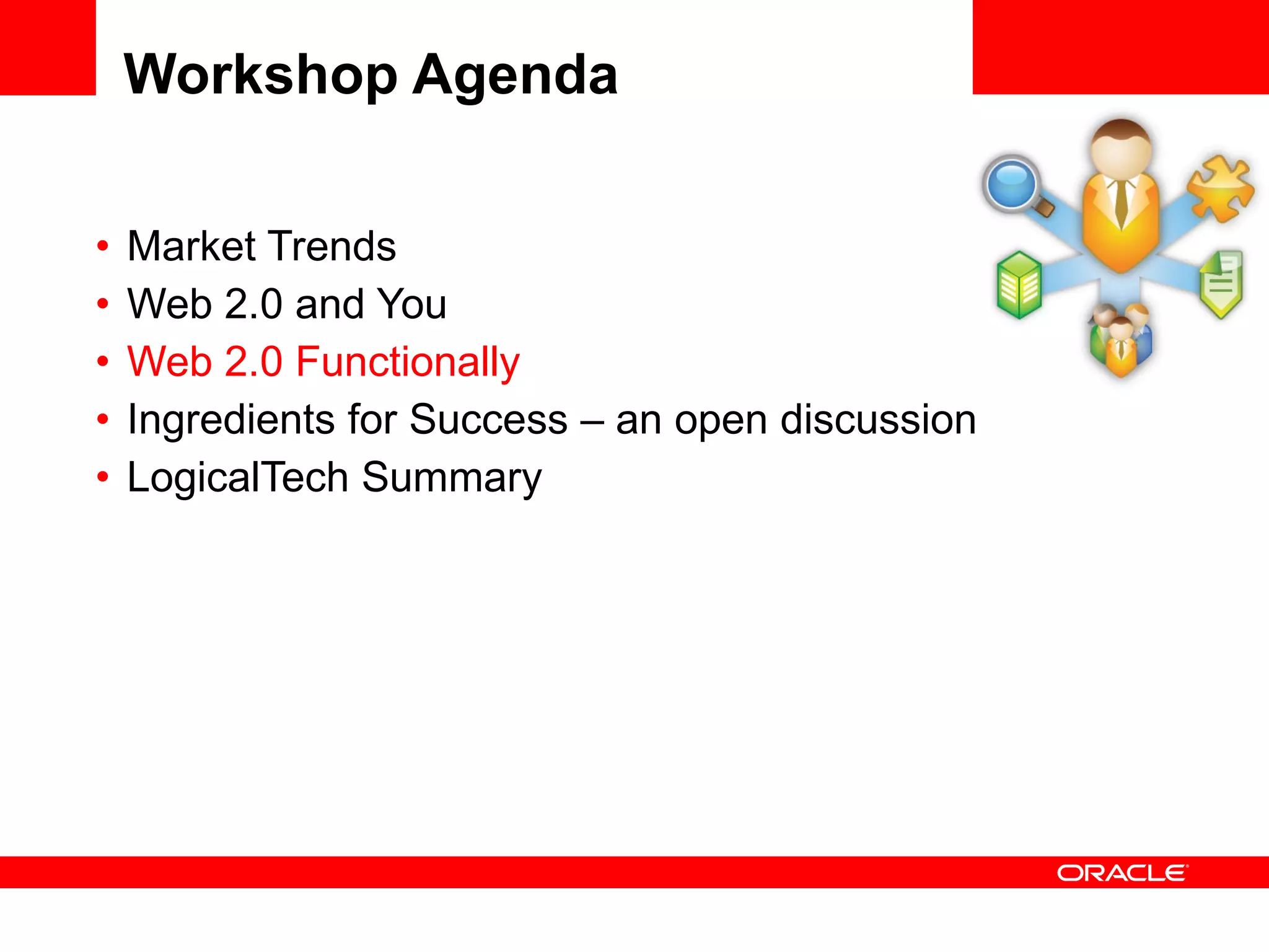 Web 2.0  Let’s discuss those Core Ingredients This information is considered proprietary and may not be copied, distributed, modified or re-used for any purpose without the express permission of Oracle <Insert Picture Here> Social Media / Collaboration Federated Search Personalisation Interaction / integration Productivity Communication 