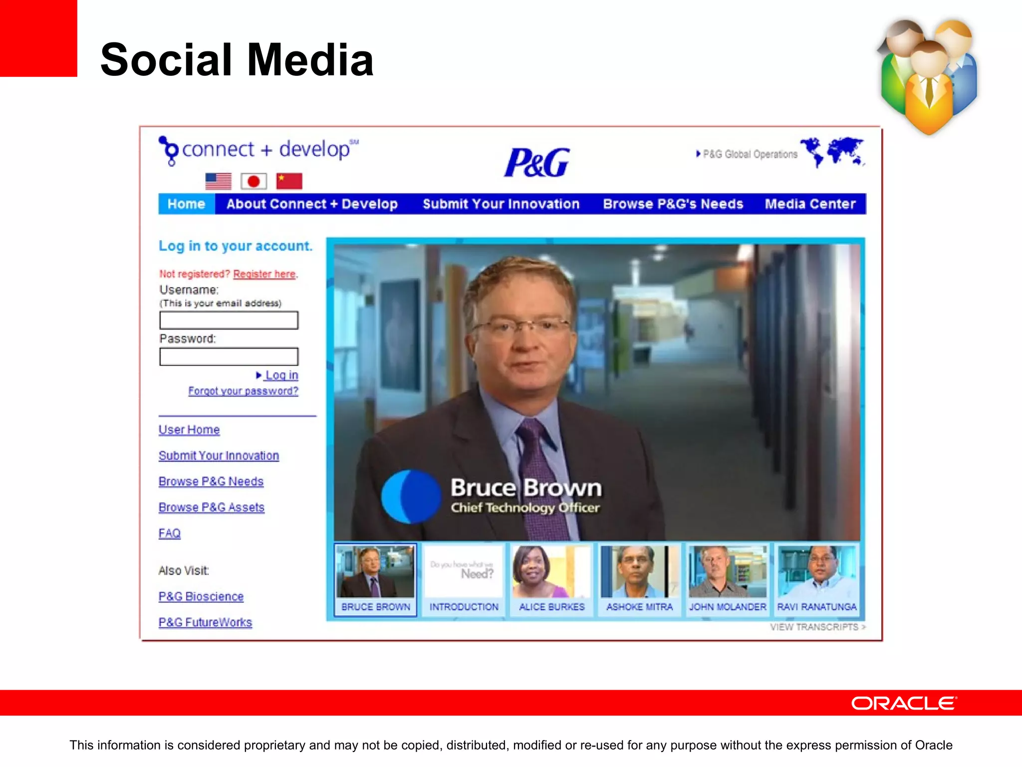 Social Media  Metrics that matter What is the most important metric to track in social media? A recent Social Media Today study amongst members found that: ROI is out (how *can* you put a metric around that brainstorming session?) This information is considered proprietary and may not be copied, distributed, modified or re-used for any purpose without the express permission of Oracle “ Virality&quot; and &quot;sentiment&quot; predominated.  Virality (the reach of your brand and how much your message is spread), 35%  Sentiment (positive, negative or indifferent consumer reaction), 32%  Financials (the effect social media has on your bottom line), 20%  Volume (number of comments, blog posts, tweets, links, etc. about your brand), 11%  Other, 2%  