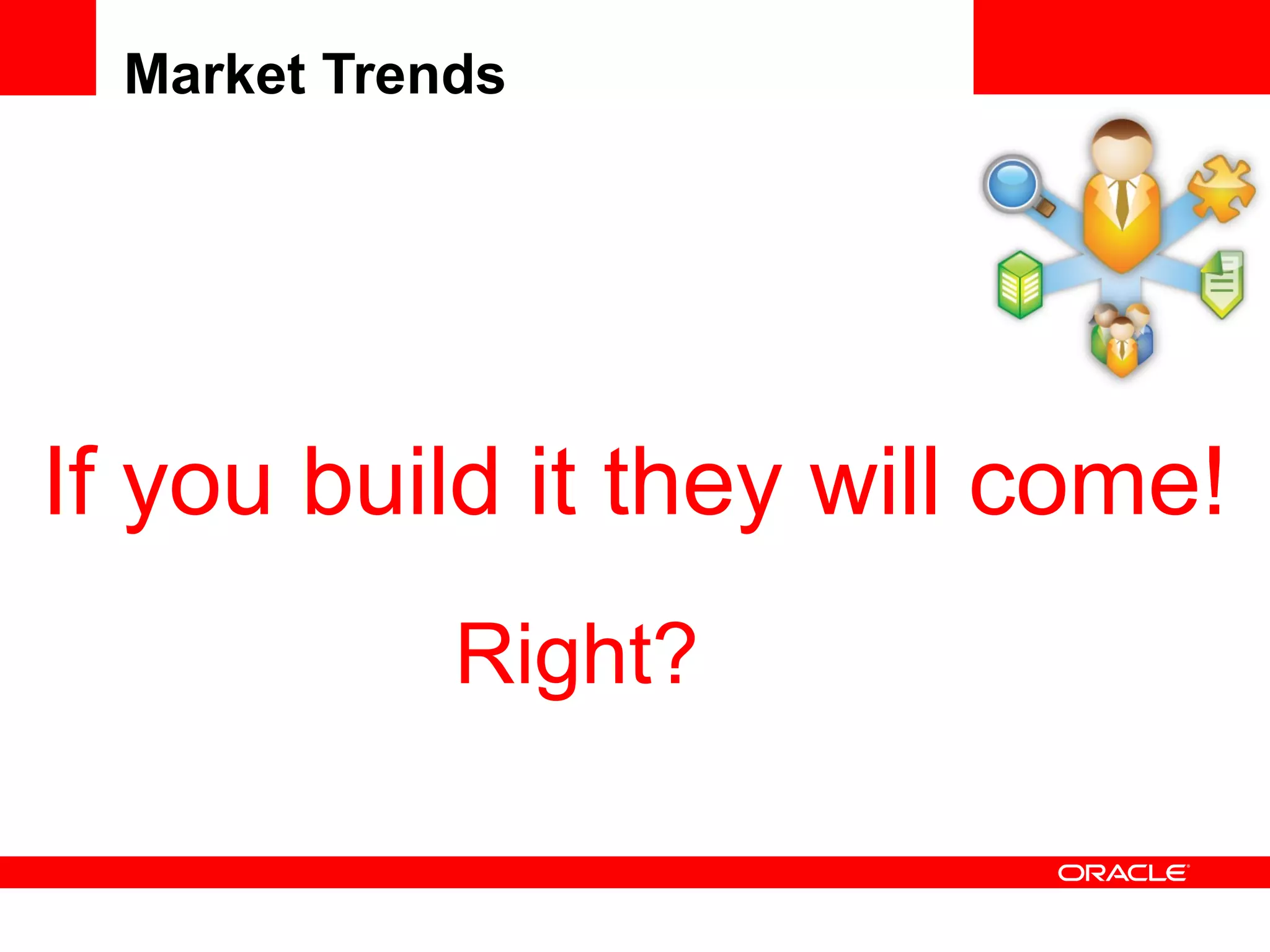 Web 1.0 – Connected Information Information delivered as linked web pages Transforming how we access information Web 1.5 – Connected Applications Service-oriented architecture & composite frameworks Transforming how we design & use applications Web 2.0 – Connected Users  Users share information using social software Transforming how we share information & work together Market Trends – Web 2.0 Evolution of the Web 