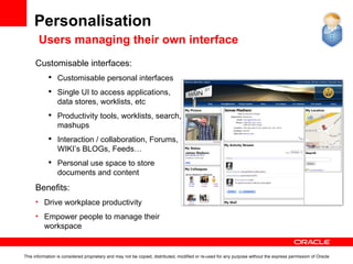 Personalisation Delivering information and content to users Organisations should provide users with Aggregated information Integration with multiple systems Access Personalization and Customization Collaboration Security and Privacy 