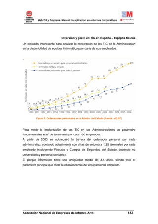 Inversión y gasto en TIC en España – Equipos físicos

Un indicador interesante para analizar la penetración de las TIC en la Administración
es la disponibilidad de equipos informáticos por parte de sus empleados.




           Figura 5. Ordenadores personales en la Admón. del Estado (fuente: siE [07)



Para medir la implantación de las TIC en las Administraciones un parámetro
fundamental es el nº de terminales por cada 100 empleados.
A partir de 2003 se sobrepasó la barrera del ordenador personal por cada
administrativo, contando actualmente con cifras de entorno a 1,35 terminales por cada
empleado (excluyendo Fuerzas y Cuerpos de Seguridad del Estado, docencia no
universitaria y personal sanitario).
El parque informático tiene una antigüedad media de 3,4 años, siendo este el
parámetro principal que mide la obsolescencia del equipamiento empleado.




______________________________________________________________________
Asociación Nacional de Empresas de Internet, ANEI                 182
 