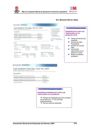 8.2. Second Life en cifras




                                                                  Estadísticas de Liden Lab
                                                                  relacionadas con la
                                                                  población de SL

                                                                         Ventas de terreno por
                                                                         residente.
                                                                         Número de islas.
                                                                         Propietarias.
                                                                         Número de nuevas
                                                                         islas.
                                                                         Información
                                                                         relacionada con el
                                                                         terreno en venta.
                                                                         Metros cuadrados
                                                                         auditados.




                          Estadísticas detalladas de Linden Lab
                          relacionadas con la población

                                 Número de residentes que han accedido
                             en los últimos 7, 14, 30 y 60 días
                             respectivamente.
                                 Número total de residentes.




______________________________________________________________________
Asociación Nacional de Empresas de Internet, ANEI                 174
 