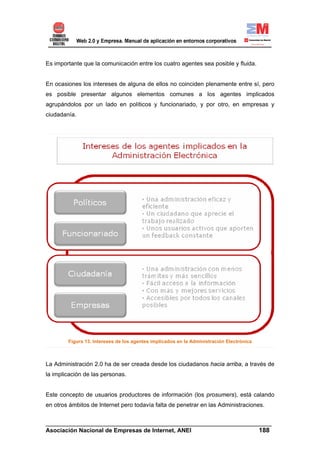Es importante que la comunicación entre los cuatro agentes sea posible y fluida.


En ocasiones los intereses de alguna de ellos no coinciden plenamente entre sí, pero
es posible presentar algunos elementos comunes a los agentes implicados
agrupándolos por un lado en políticos y funcionariado, y por otro, en empresas y
ciudadanía.




        Figura 13. Intereses de los agentes implicados en la Administración Electrónica



La Administración 2.0 ha de ser creada desde los ciudadanos hacia arriba, a través de
la implicación de las personas.


Este concepto de usuarios productores de información (los prosumers), está calando
en otros ámbitos de Internet pero todavía falta de penetrar en las Administraciones.


______________________________________________________________________
Asociación Nacional de Empresas de Internet, ANEI                 188
 