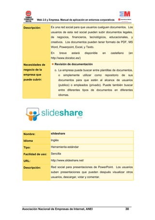 Descripción:        Es una red social para que usuarios cuelguen documentos. Los
                    usuarios de esta red social pueden subir documentos legales,
                    de    negocios,   financieros,   tecnológicos,    educacionales,    y
                    creativos. Los documentos pueden tener formato de PDF, MS
                    Word, Powerpoint, Excel, y Texto.

                    En       breve    estará     disponible      en    castellano      (en
                    http://www.docstoc.es/)

Necesidades de           Revisión de documentación
negocio de la            o. La empresa puede buscar entre plantillas de documentos,
empresa que                o   simplemente     utilizar   como    repositorio   de   sus
puede cubrir:              documentos para que estén al alcance de usuarios
                           (publico) o empleados (privado). Puede también buscar
                           entre diferentes tipos de documentos en diferentes
                           idiomas.




Nombre:             slideshare

Idioma              Inglés

Tipo:               Herramienta estándar

Facilidad de uso:   Sencilla

URL:                http://www.slideshare.net/

Descripción:        Red social para presentaciones de PowerPoint. Los usuarios
                    suben presentaciones que pueden después visualizar otros
                    usuarios, descargar, votar y comentar.




______________________________________________________________________
Asociación Nacional de Empresas de Internet, ANEI                 30
 