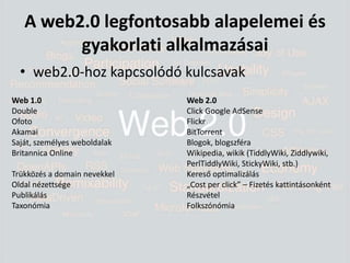 A web2.0 legfontosabb alapelemei és gyakorlati alkalmazásaiweb2.0-hoz kapcsolódó kulcsavakWeb 1.0 					Web 2.0Double					Click Google AdSenseOfoto 					FlickrAkamai 					BitTorrentSaját, személyes weboldalak 			Blogok, blogszféraBritannica Online 				Wikipedia, wikik (TiddlyWiki, Ziddlywiki,					PerlTiddlyWiki, StickyWiki, stb.)Trükközés a domain nevekkel Kereső optimalizálásOldal nézettsége 				„Cost per click” – Fizetés kattintásonkéntPublikálás 				RészvételTaxonómia 				Folkszónómia