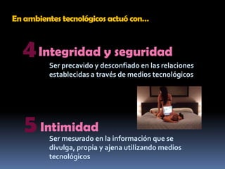 En ambientes tecnológicos actuó con…4Integridad y seguridadSer precavido y desconfiado en las relaciones establecidas a través de medios tecnológicos5IntimidadSer mesurado en la información que se divulga, propia y ajena utilizando medios tecnológicos