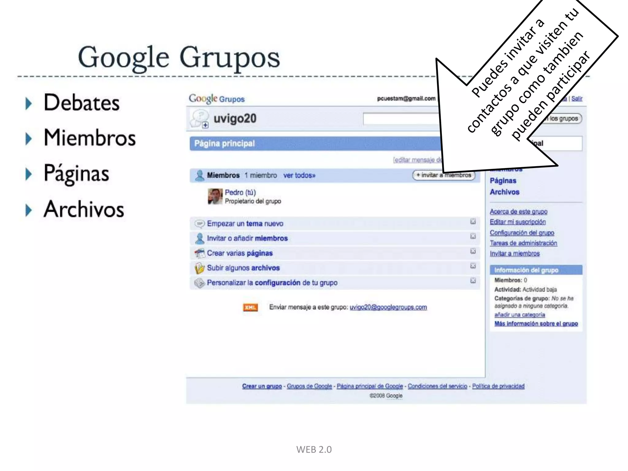 WEB 2.0Puedes invitar a contactos a que visiten tu grupo como tambien pueden participar