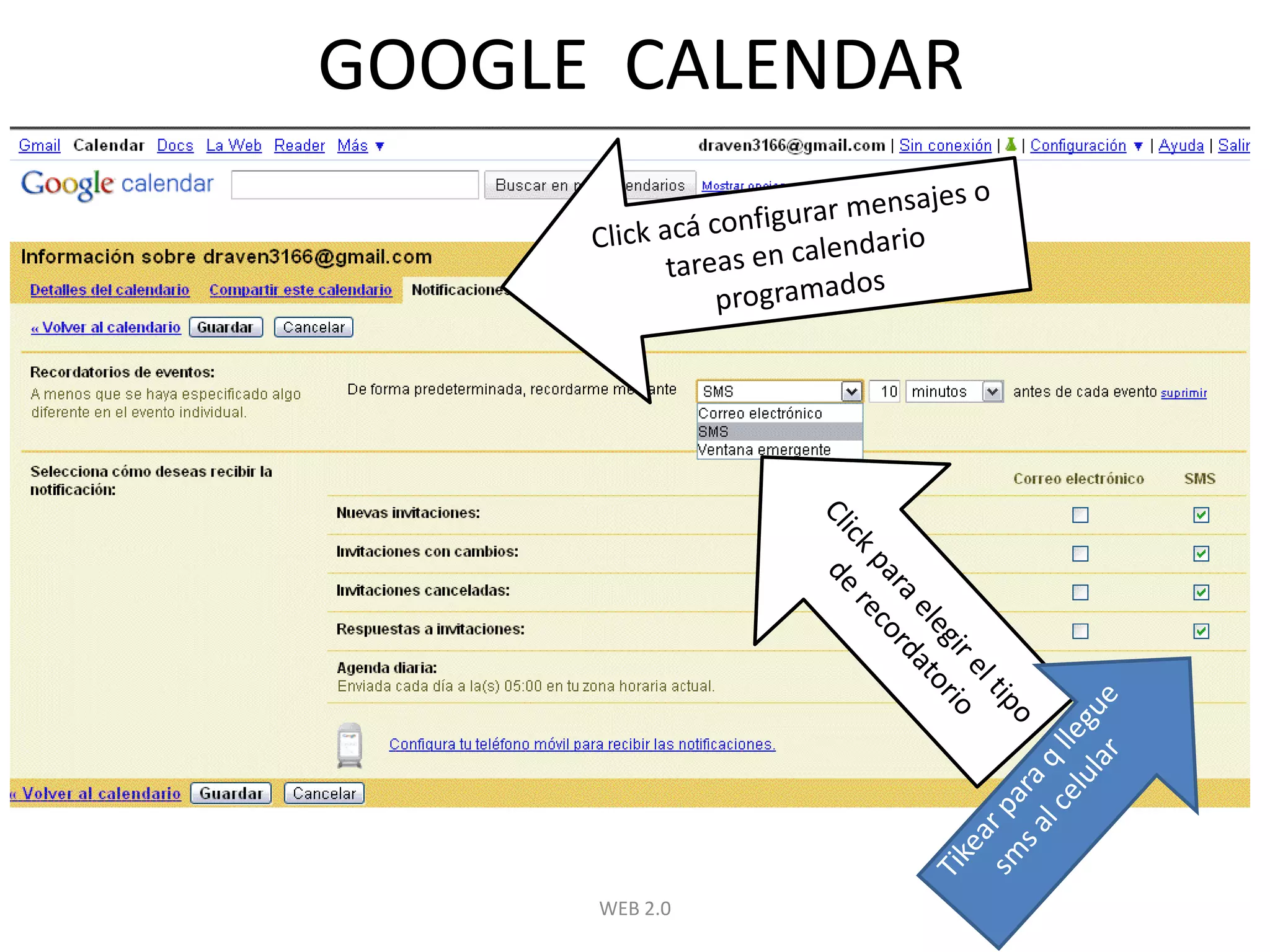 WEB 2.0GOOGLE  CALENDARClick acá configurar mensajes o tareas en calendario programadosClick para elegir el tipo de recordatorioTikear para q llegue sms al celular