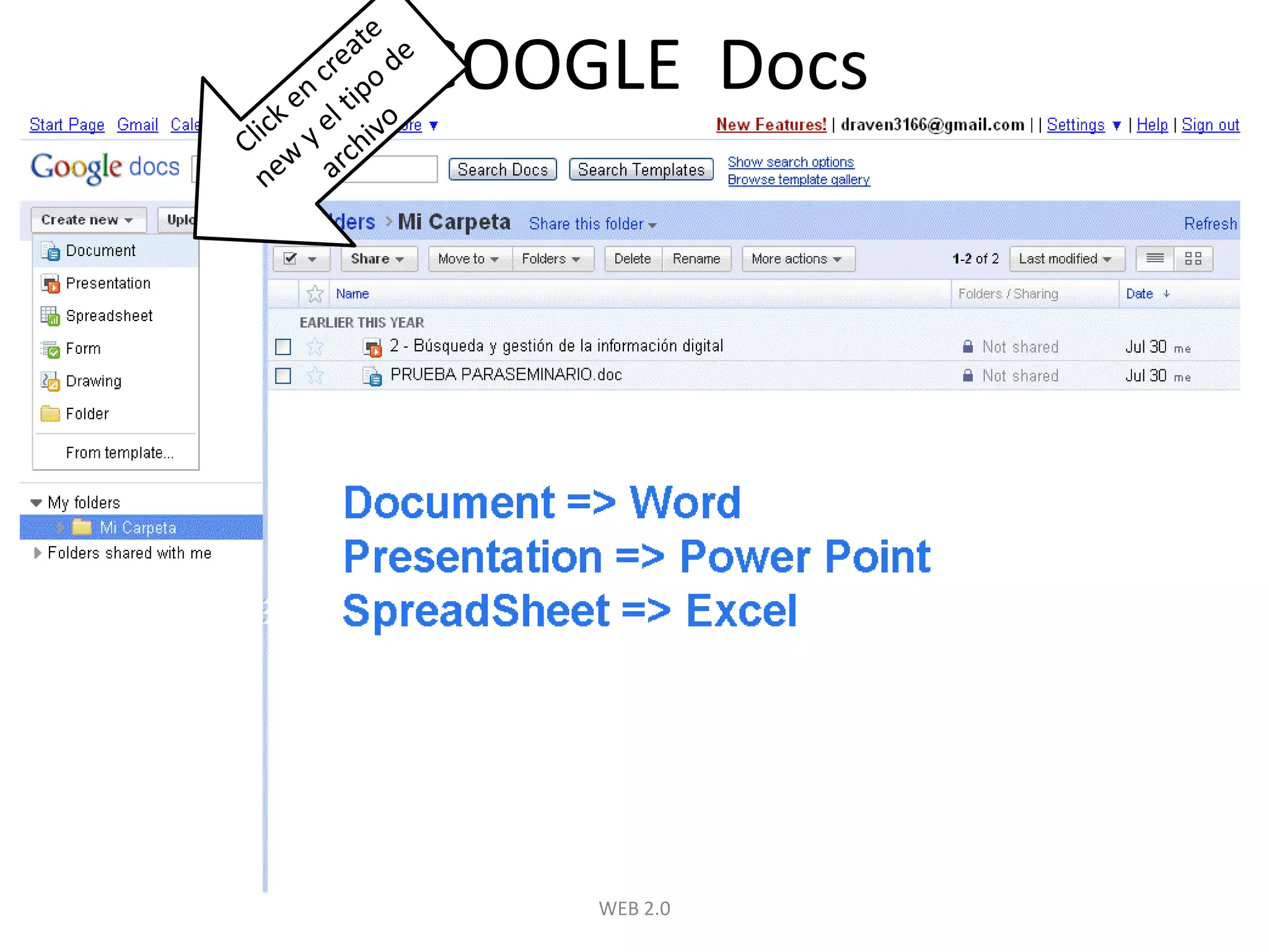 WEB 2.0GOOGLE  DocsClick en create new y el tipo de archivo