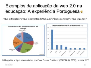 Exemplos de aplicação da web 2.0 na
educação: A experiência Portuguesa
01-11-2010 15
“Que instituições?”; “Que ferramentas da Web 2.0?”; ”Que objectivos?” ; “Que impactos?”
Bibliografia; artigos referenciados por Clara Pereira Coutinho [COUTINHO, 2008]; revista EFT
 