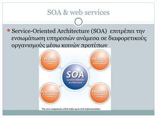 SOA & web services
Service-Oriented Architecture (SOA) επιτρέπει την
ενσωμάτωση υπηρεσιών ανάμεσα σε διαφορετικούς
οργανισμούς μέσω κοινών προτύπων
 