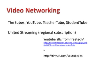 Video NetworkingThe tubes: YouTube, TeacherTube, StudentTubeUnited Streaming (regional subscription)Youtube alts from freetech4http://freetech4teachers.pbworks.com/w/page/14904893/Great-Alternatives-to-YouTubeor http://tinyurl.com/youtubealts