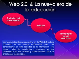 Web 2.0  & La nueva era de la educación Sociedad del conocimiento Web 2.0 Tecnologías de uso educativo Las tecnologías de uso educativo  en  la Web 2.0 se han convertido en un soporte fundamental para  el conocimiento, en esta sociedad de la información,  en donde  miles de estudiantes y profesores se ven beneficiados por sus recursos y potencialidades  para  la enseñanza - aprendizaje. 