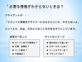 必要な情報がわからないときは？クライアントが・・・「どういった情報をデザイナーに伝えたらいいか、わからないよ」といったら、私は、次のようなことを引き出そうとしています。実現すべきことサイトのイメージ競合他社との違いは？