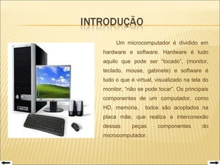   Um microcomputador é dividido em hardware e software. Hardware é tudo aquilo que pode ser “tocado”, (monitor, teclado, mouse, gabinete) e software é tudo o que é virtual, visualizado na tela do monitor, “não se pode tocar”. Os principais componentes de um computador, como HD, mem ó ria,  todos são acoplados na placa mãe, que  realiza a interconexão dessas peças componentes do microcomputador.  