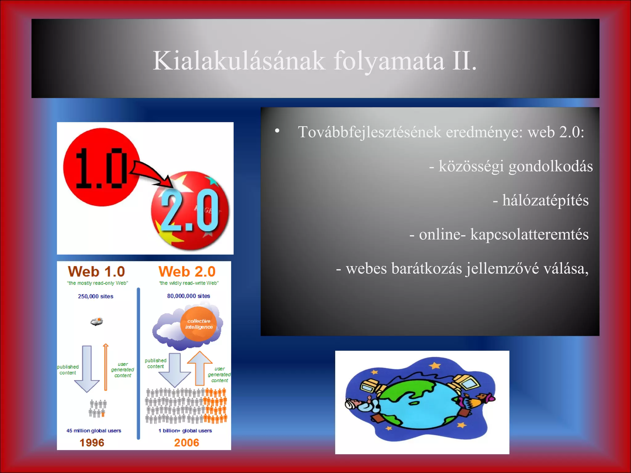 Kialakulásának folyamata II.

          •   Továbbfejlesztésének eredménye: web 2.0:

                                - közösségi gondolkodás

                                         - hálózatépítés

                             - online- kapcsolatteremtés

                   - webes barátkozás jellemzővé válása,
 