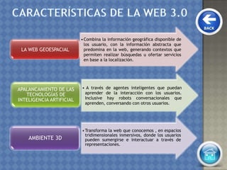 •Combina la información geográfica disponible de
los usuario, con la información abstracta que
predomina en la web, generando contextos que
permiten realizar búsquedas u ofertar servicios
en base a la localización.
LA WEB GEOESPACIAL
• A través de agentes inteligentes que puedan
aprender de la interacción con los usuarios.
Inclusive hay robots conversacionales que
aprenden, conversando con otros usuarios.
APALANCAMIENTO DE LAS
TECNOLOGÍAS DE
INTELIGENCIA ARTIFICIAL
•Transforma la web que conocemos , en espacios
tridimensionales inmersivos, donde los usuarios
pueden sumergirse e interactuar a través de
representaciones.
AMBIENTE 3D
 