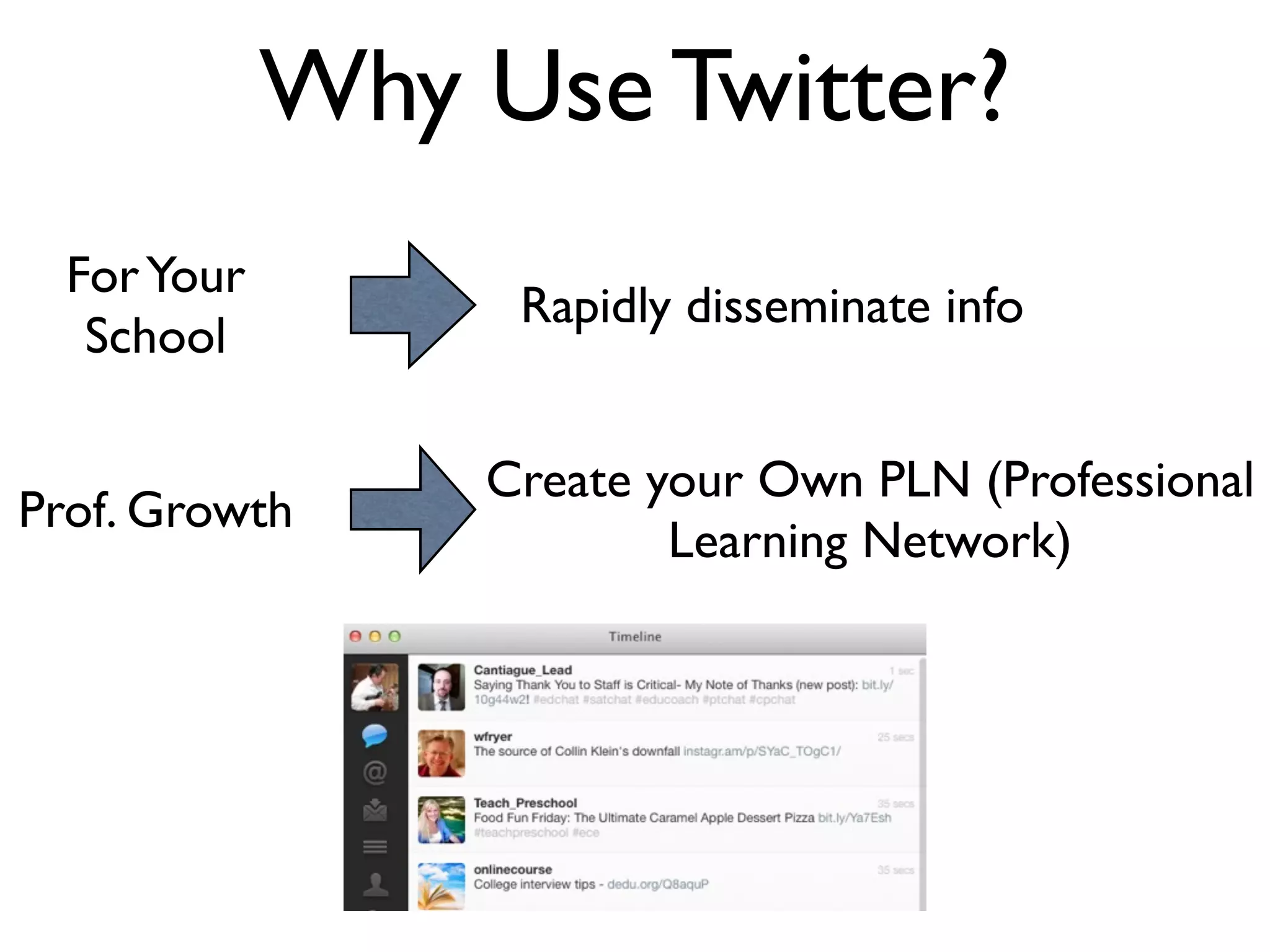 Why Use Twitter?
ForYour
School
Rapidly disseminate info
Prof. Growth
Create your Own PLN (Professional
Learning Network)
 
