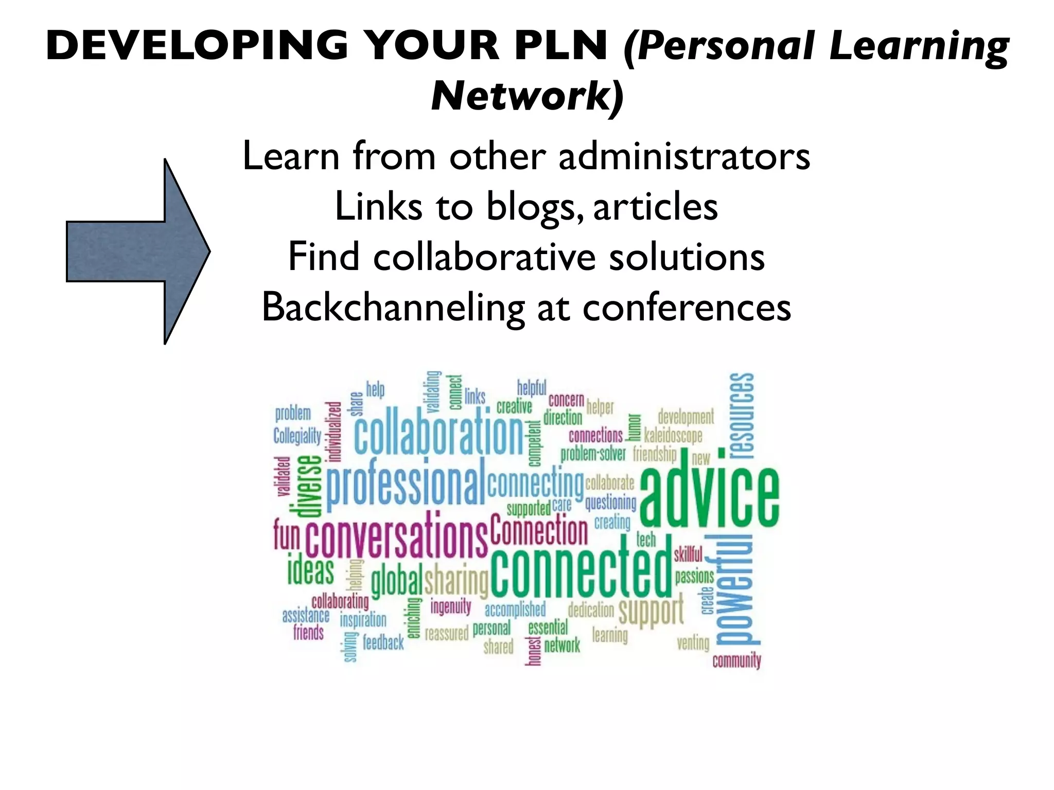 DEVELOPING YOUR PLN (Personal Learning
Network)
Learn from other administrators
Links to blogs, articles
Find collaborative solutions
Backchanneling at conferences
 