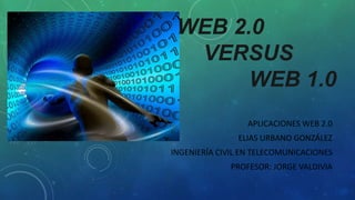 WEB 2.0
VERSUS
WEB 1.0
APLICACIONES WEB 2.0
ELIAS URBANO GONZÁLEZ
INGENIERÍA CIVIL EN TELECOMUNICACIONES
PROFESOR: JORGE VALDIVIA
 