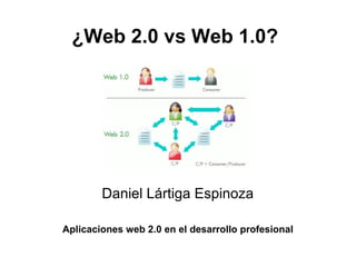 ¿Web 2.0 vs Web 1.0?

Daniel Lártiga Espinoza
Aplicaciones web 2.0 en el desarrollo profesional

 