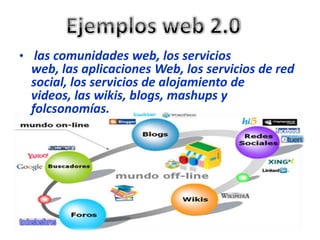 • las comunidades web, los servicios

web, las aplicaciones Web, los servicios de red
social, los servicios de alojamiento de
videos, las wikis, blogs, mashups y
folcsonomías.

 