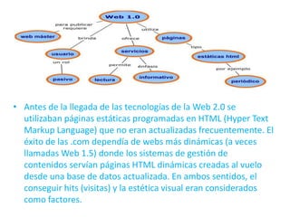 • Antes de la llegada de las tecnologías de la Web 2.0 se
utilizaban páginas estáticas programadas en HTML (Hyper Text
Markup Language) que no eran actualizadas frecuentemente. El
éxito de las .com dependía de webs más dinámicas (a veces
llamadas Web 1.5) donde los sistemas de gestión de
contenidos servían páginas HTML dinámicas creadas al vuelo
desde una base de datos actualizada. En ambos sentidos, el
conseguir hits (visitas) y la estética visual eran considerados
como factores.

 