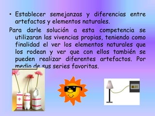 • Establecer semejanzas y diferencias entre
artefactos y elementos naturales.
Para darle solución a esta competencia se
utilizaran las vivencias propias, teniendo como
finalidad el ver los elementos naturales que
los rodean y ver que con ellos también se
pueden realizar diferentes artefactos. Por
medio de sus series favoritas.

 