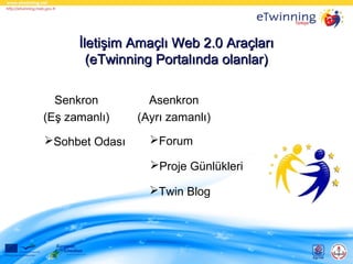 İletişim Amaçlı Web 2.0 Araçları
(eTwinning Portalında olanlar)
Senkron
(Eş zamanlı)
Sohbet Odası

Asenkron
(Ayrı zamanlı)
Forum
Proje Günlükleri
Twin Blog

 