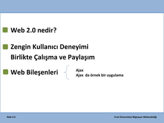 Web 2.0 nedir?
Zengin Kullanıcı Deneyimi
Birlikte Çalışma ve Paylaşım
)
Web Bileşenleri

Web 2.0

BirazKritik
IBM
Ajax
Ajax da örnek bir uygulama

Fırat Üniversitesi Bilgisayar Mühendisliği

 