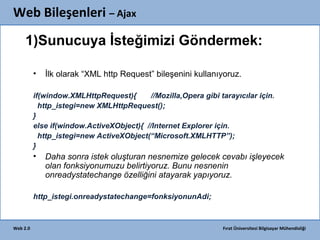 Web Bileşenleri – Ajax
1)Sunucuya İsteğimizi Göndermek:
•

İlk olarak “XML http Request” bileşenini kullanıyoruz.

if(window.XMLHttpRequest){
//Mozilla,Opera gibi tarayıcılar için.
http_istegi=new XMLHttpRequest();
}
else if(window.ActiveXObject){ //Internet Explorer için.
http_istegi=new ActiveXObject(“Microsoft.XMLHTTP”);
}

•

Daha sonra istek oluşturan nesnemize gelecek cevabı işleyecek
olan fonksiyonumuzu belirtiyoruz. Bunu nesnenin
onreadystatechange özelliğini atayarak yapıyoruz.

http_istegi.onreadystatechange=fonksiyonunAdi;

Web 2.0

Fırat Üniversitesi Bilgisayar Mühendisliği

 