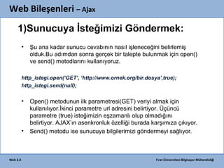 Web Bileşenleri – Ajax
1)Sunucuya İsteğimizi Göndermek:
•

Şu ana kadar sunucu cevabının nasıl işleneceğini belirlemiş
olduk.Bu adımdan sonra gerçek bir talepte bulunmak için open()
ve send() metodlarını kullanıyoruz.

http_istegi.open(‘GET’, ‘http://www.ornek.org/bir.dosya’,true);
http_istegi.send(null);

•

•

Web 2.0

Open() metodunun ilk parametresi(GET) veriyi almak için
kullanılıyor.İkinci parametre url adresini belirtiyor. Üçüncü
parametre (true) isteğimizin eşzamanlı olup olmadığını
belirtiyor. AJAX’ın asenkronluk özelliği burada karşımıza çıkıyor.
Send() metodu ise sunucuya bilgilerimizi göndermeyi sağlıyor.

Fırat Üniversitesi Bilgisayar Mühendisliği

 