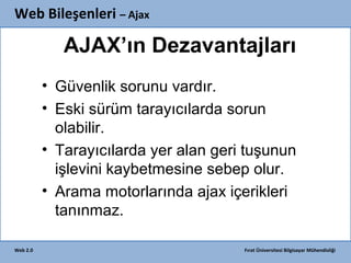 Web Bileşenleri – Ajax

AJAX’ın Dezavantajları
• Güvenlik sorunu vardır.
• Eski sürüm tarayıcılarda sorun
olabilir.
• Tarayıcılarda yer alan geri tuşunun
işlevini kaybetmesine sebep olur.
• Arama motorlarında ajax içerikleri
tanınmaz.
Web 2.0

Fırat Üniversitesi Bilgisayar Mühendisliği

 