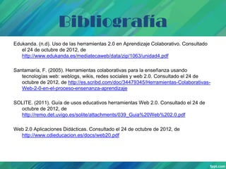Bibliografía
Edukanda. (n.d). Uso de las herramientas 2.0 en Aprendizaje Colaborativo. Consultado
el 24 de octubre de 2012, de
http://www.edukanda.es/mediatecaweb/data/zip/1063/unidad4.pdf
Santamaría, F. (2005). Herramientas colaborativas para la enseñanza usando
tecnologías web: weblogs, wikis, redes sociales y web 2.0. Consultado el 24 de
octubre de 2012, de http://es.scribd.com/doc/34479345/Herramientas-ColaborativasWeb-2-0-en-el-proceso-ensenanza-aprendizaje
SOLITE. (2011). Guía de usos educativos herramientas Web 2.0. Consultado el 24 de
octubre de 2012, de
http://remo.det.uvigo.es/solite/attachments/039_Guia%20Web%202.0.pdf
Web 2.0 Aplicaciones Didácticas. Consultado el 24 de octubre de 2012, de
http://www.cdieducacion.es/docs/web20.pdf

 