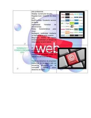 sitio profesional.
Weebly: Constructor de sitio.
Register.Com: Creación de sitios
web.
BuiltYourSide: Excelente servicio
al cliente.
Homestead: Variedad de
herramientas.
Webs: Características para
elegir.
Bublegum: publicidad mediante
un banner en la parte superior.
Blog.Com: Ancho de banda
limitado; publicidad un bloque de
Adsense en la barra lateral.
TERMINOS Y
CONDICIONES DE
USO
El usuario del sitio web se
compromete a leer
detenidamente los términos y
condiciones generales antes de
utilizar los servicios de web.
Todos los derechos de propiedad
intelectual de la página web se
encuentra protegido por la
normativa vigente sobre
derechos de autor.
 