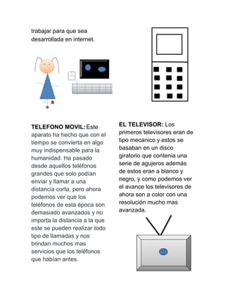 trabajar para que sea
desarrollada en internet.
TELEFONO MOVIL:Este
aparato ha hecho que con el
tiempo se convierta en algo
muy indispensable para la
humanidad. Ha pasado
desde aquellos teléfonos
grandes que solo podían
enviar y llamar a una
distancia corta, pero ahora
podemos ver que los
teléfonos de esta época son
demasiado avanzados y no
importa la distancia a la que
este se pueden realizar todo
tipo de llamadas y nos
brindan muchos mas
servicios que los teléfonos
que habían antes.
EL TELEVISOR: Los
primeros televisores eran de
tipo mecanico y estos se
basaban en un disco
giratorio que contenia una
serie de agujeros además
de estos eran a blanco y
negro, y como podemos ver
el avance los televisores de
ahora son a color con una
resolución mucho mas
avanzada.
 