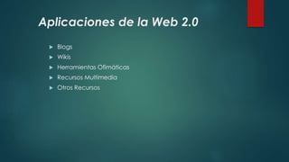 Aplicaciones de la Web 2.0
 Blogs
 Wikis
 Herramientas Ofimáticas
 Recursos Multimedia
 Otros Recursos
 